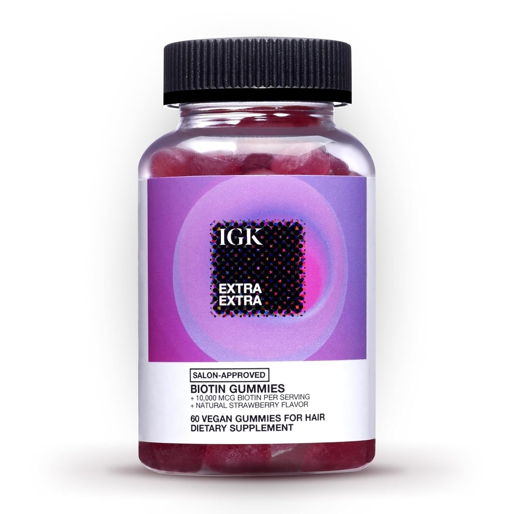 IGK Biotin Gommies cheveux 10 000mcg Biotin (60 comte), Fraise aromatisée, Supplément de croissance des cheveux Gommies pour les cheveux, la peau et les ongles sains, végétalien, aider à combattre la perte de cheveux et la minceur