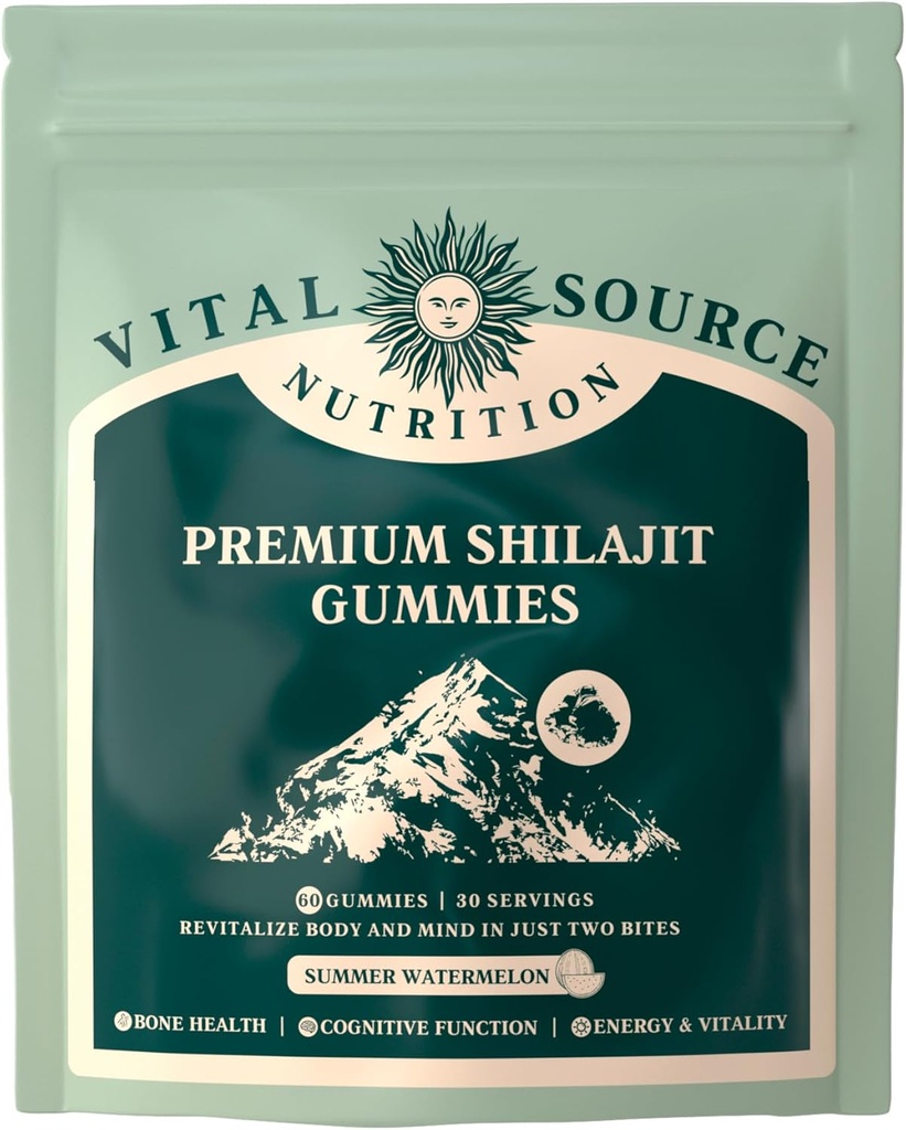 Source vitale Nutrition - Premium Shilajit Gummies - Bone, Cerveau, Énergie et Vitalité Support - Himalayan Organic Shilajit - Vegan, sans gluten et Halal - Pastèque d'été - 60 Gummies - 30 portions