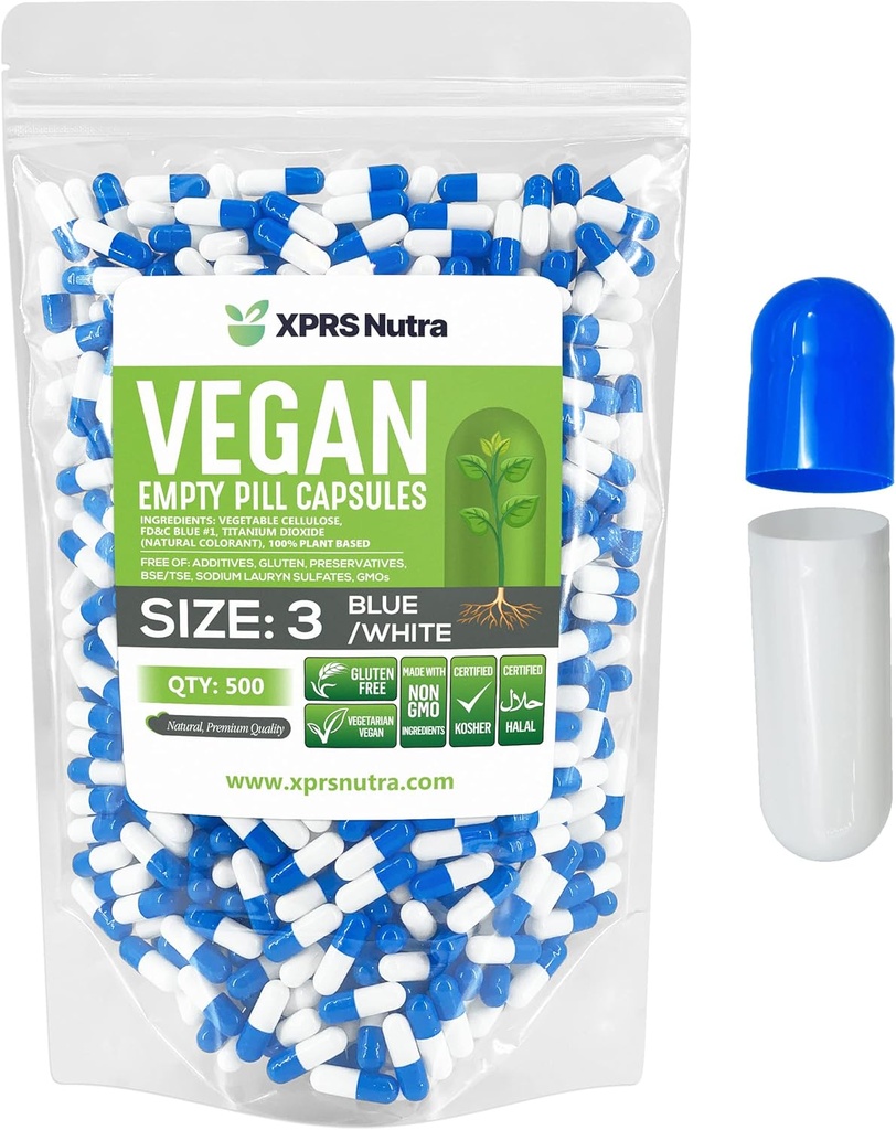 XPRS Nutra Taille 3 Capsules vides - 500 Compte Capsules vides de végétalien - Pilules végétariennes - Garniture de gélules végétales - Bouchons de pilules veggie (bleu/blanc)