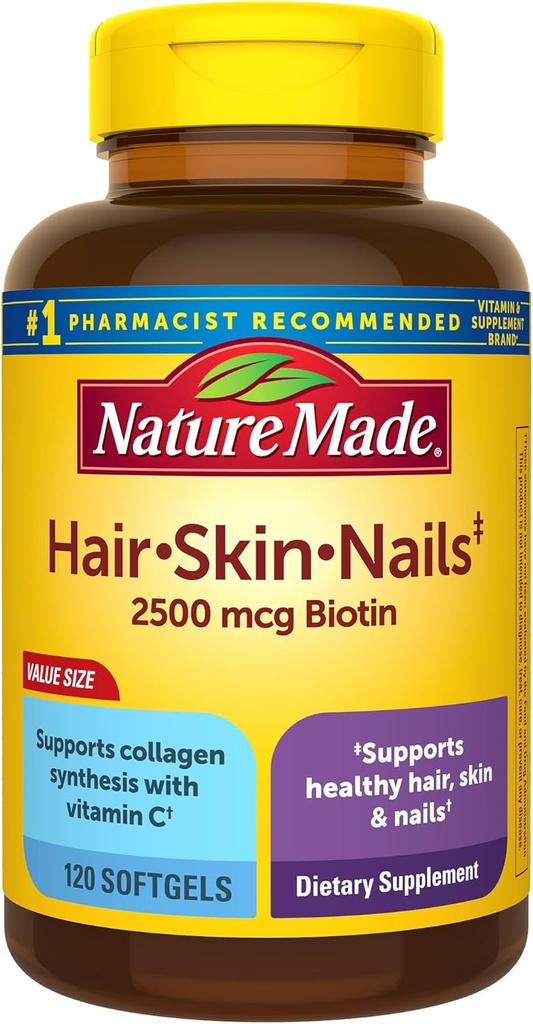 Nature faite peau de cheveux et ongles avec Biotin 2500 mcg, supplément diététique pour la peau de cheveux et ongles santé, 120 Softgels, 120 jours d'approvisionnement