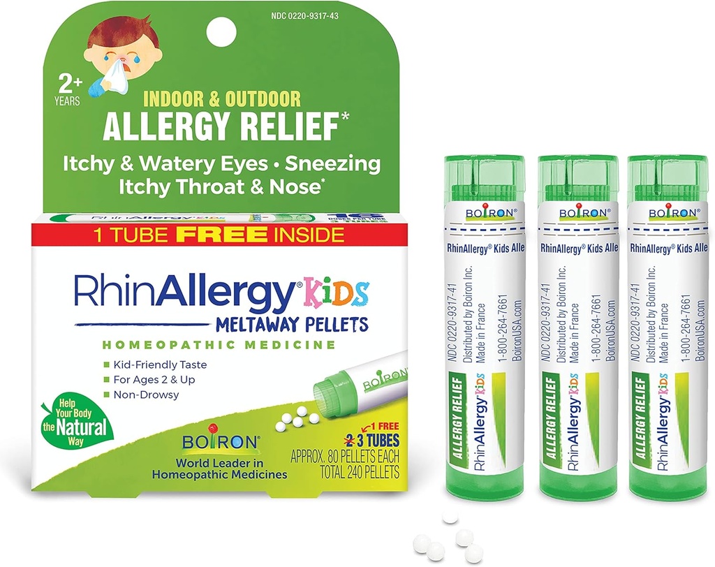 Boiron RhinAllergy Kids Pellets pour soulager des symptômes d'allergie d'éternuement, de nez runny et démangeaisons ou de gorge - 3 Comte (240 Pellets)