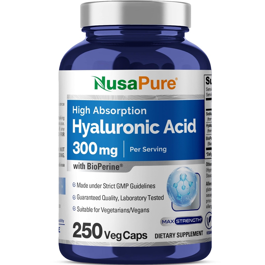 NusaPure Acide Hyaluronique 300mg 250 Capsules de Véggie (non-OGM, végétalien)
