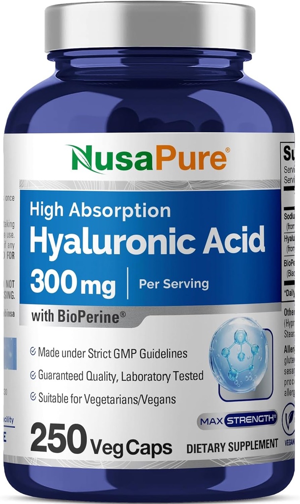 NusaPure Acide Hyaluronique 300mg 250 Capsules de Véggie (non-OGM, végétalien)