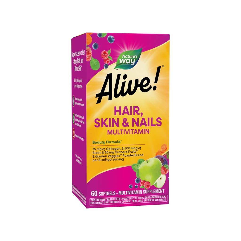 La nature est vivante ! Cheveux, peau et ongles Multivitamine avec biotine et collagène, 60 Softgels