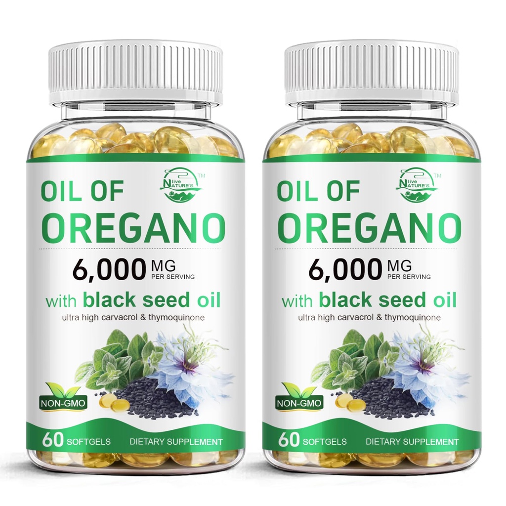 Huile vivante de la nature d'Origan avec huile de graines noires, 2 en 1 supplément d'Origan pour la santé immunitaire, contient le carvacrol concentré et la thymoquinone, non-OGM, 60 Softgels, 2 Pack