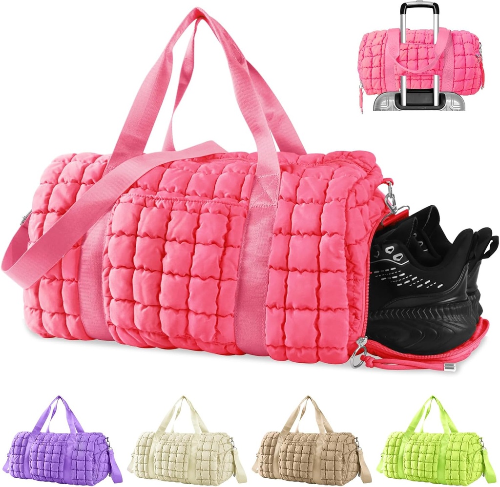 Sac de Gym Quilted pour femmes, Sac de Gym pour voyager avec compartiment de chaussures, Sacs de semaine tampons pour porter la nuit sur sac avec manches de trolley pour avions, article personnel Sac de danse de sport Duffel (Pink)