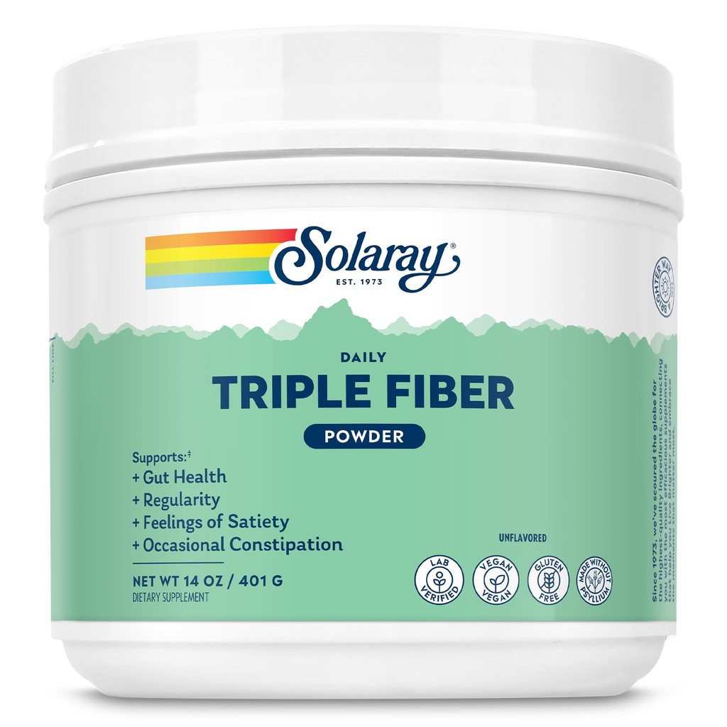 SOLARAY Poudre triple fibre - Supplément de fibre quotidienne pour les femmes et les hommes avec/prébiotiques - Santé Gut, Constipation occasionnelle, Soutien de la santé digestive, Non aromatisé, Vegan, Sans gluten, 30 portions, 14oz
