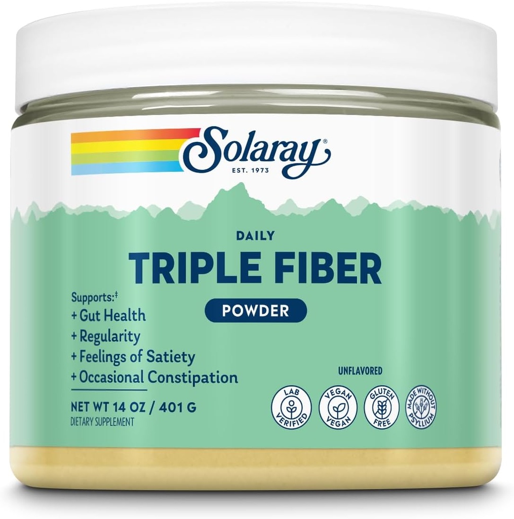 SOLARAY Triple Fiber Powder - Daily Fiber Supplement for Women and Men w/Prebiotics - Gut Health, Occasional Constipation, Digestive Health Support, Unflavored, Vegan, Gluten Free, 30 Servings, 14oz