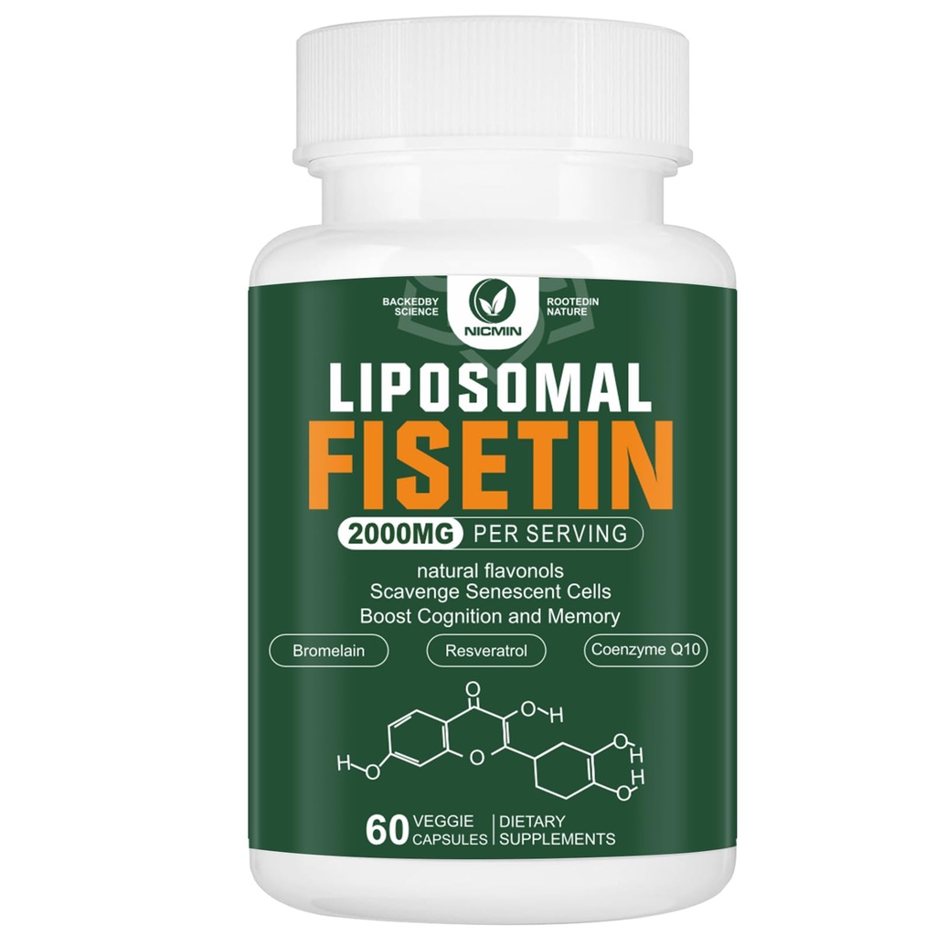 Supplément de Fisetin liposomique, 2000MG, 98 % Polyphénols de Fisetin pur Antioxydants, avec Quercetin, TMG et Resvératrol, pour le vieillissement en santé, soutien cognitif, 60 Capsules