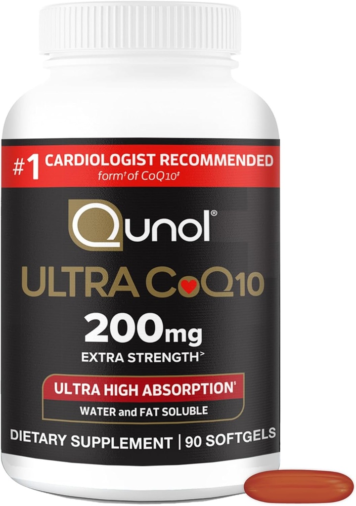 Qunol CoQ10 200mg Softgels, Ultra CoQ10 - Suppléments de Coenzyme Q10 à haute absorption - Supplément antioxydant pour la santé vasculaire et cardiovasculaire et la production d'énergie, 90 Compte