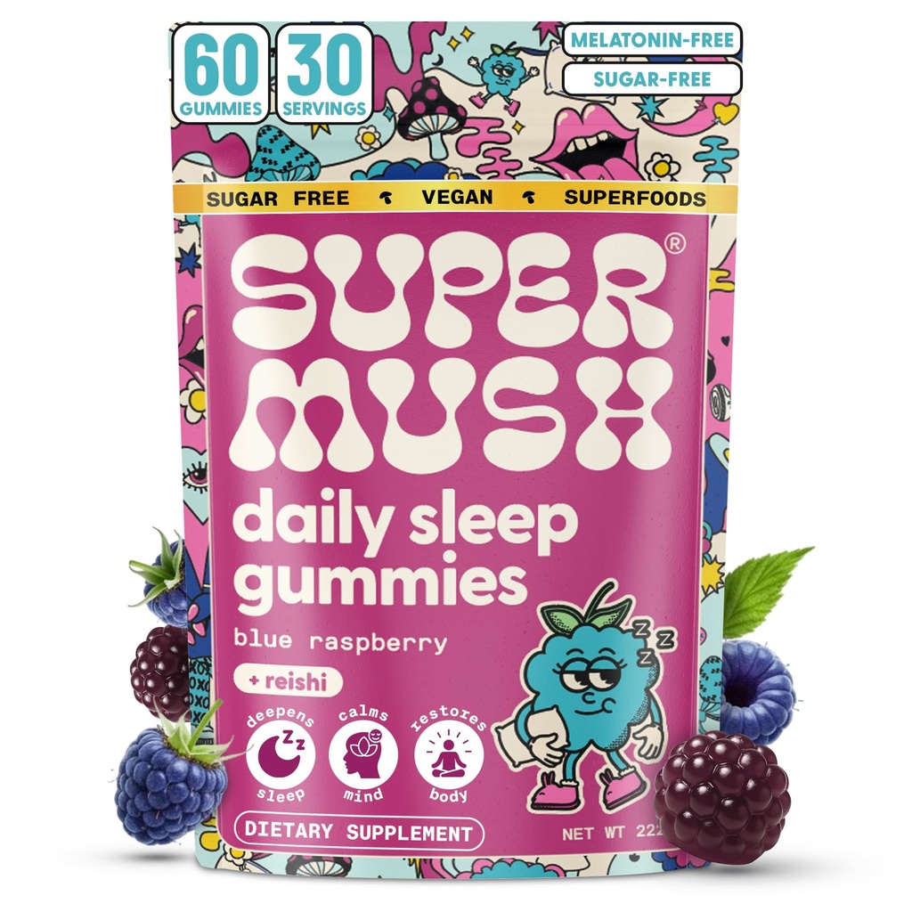 Gommies de sommeil SuperMush pour adultes - Supplément de champignons avec Citrate de magnésium, L-Theanine, Chaga, Reishi & Camomille pour sommeil profond, REM & Detox - Vegan & sans sucre - 60 Gommies (30 portions)