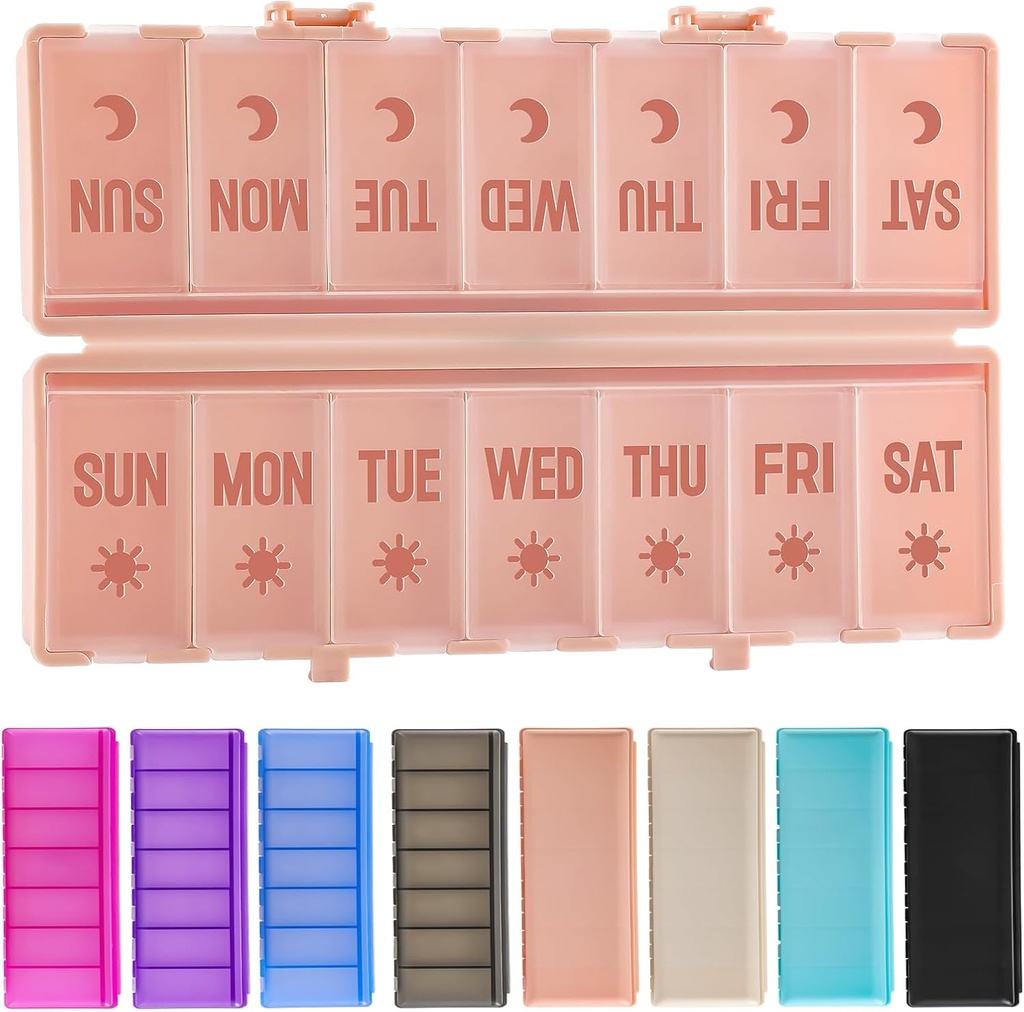 Organisateur de pilule pliable 2 fois par jour avec/étiquettes imprimées -Protection double et portable hebdomadaire PM Pill Box, contenant de médicaments de 7 jours, grand cas de pilule de voyage pour supplément quotidien semaine vitamine - rose