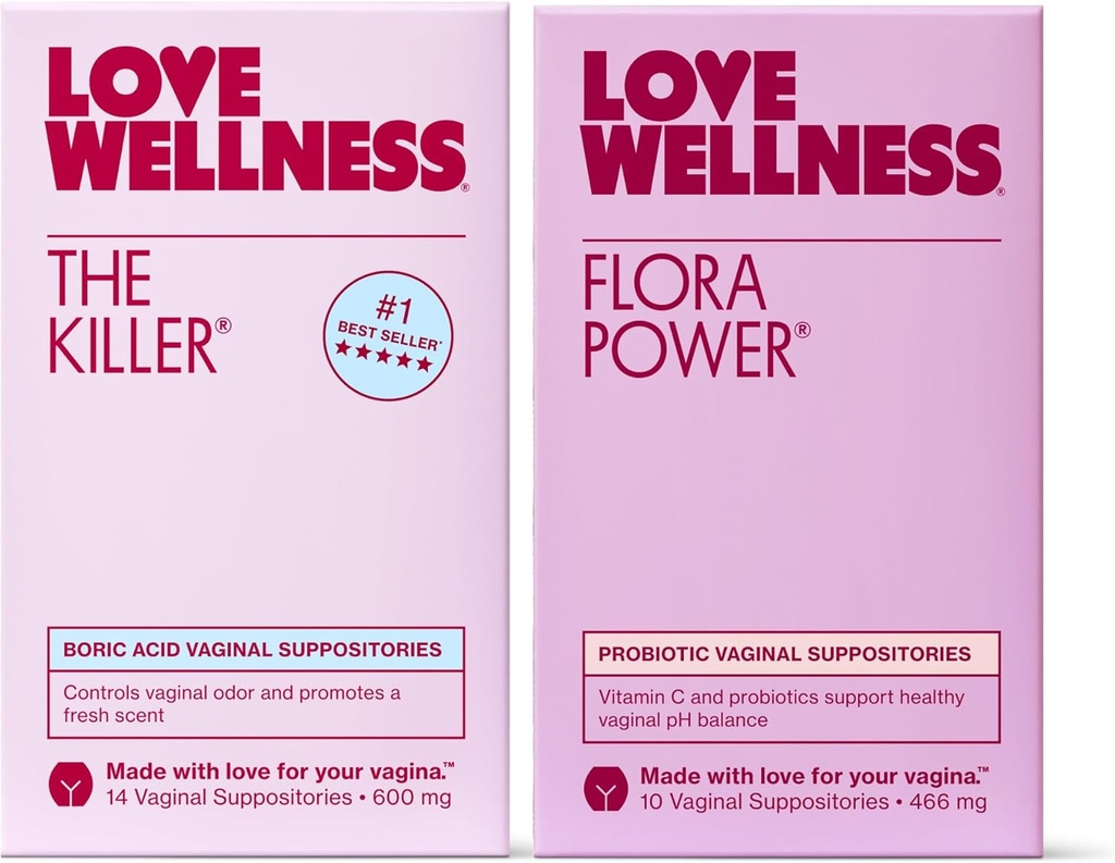 L'amour Bien-être Le Killer & Flora Power (pouvoir) du Duo suppositoire vaginal avec acide borique, probiotiques et vitamine C) soutient l'équilibre du pH, le contrôle de l'odeur et la santé féminine
