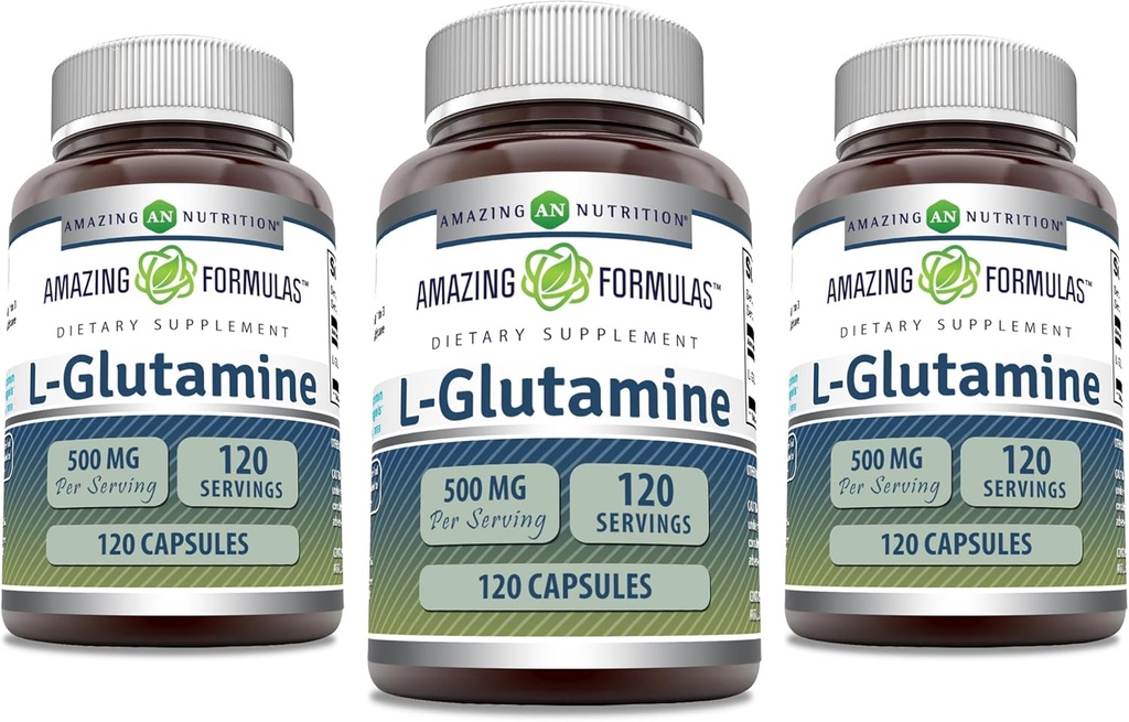 Formules étonnantes L-Glutamine 500 mg Capsules de l'acide amino Supplément de l'acide amino (non-OGM) Sans gluten (Fabriqué aux États-Unis) (3 Pack, 120 Compte)