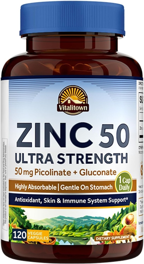 Vitalitown Zinc chélaté 50 mg, Picolinate de zinc et Gluconate, 120 capsules de Veggie, bien absorbé, système immunitaire, peau saine et développement, végétalien, non-OGM