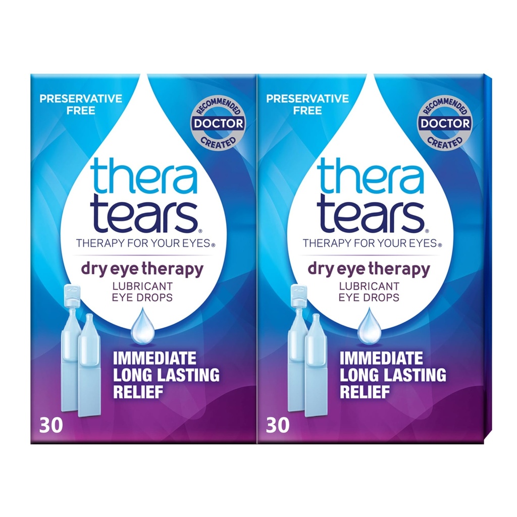 ThéraTraitement des yeux secs Lubrifiant gouttes pour les yeux secs, Préservatif gouttes pour les yeux libres, 30 flacons à usage unique (2 pack)