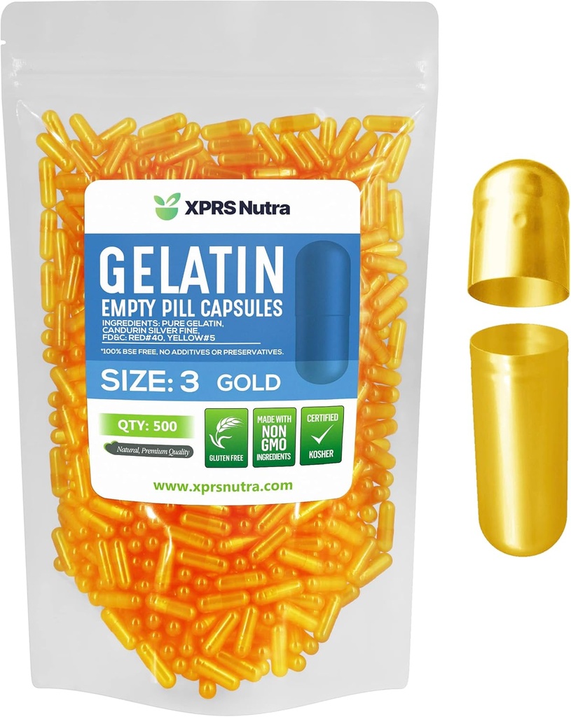 XPRS Nutra Taille 3 Capsules vides - 500 Compte Capsules de gélatine vides - Pills Bricolage Capsule Remplissage - Gel de Pilule de Bovin Pure Remplir pour Do-It-Youlf Vitamines et Suppléments (Or)