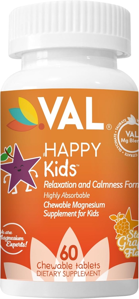 Magnésium VAL pour les enfants de haute absorption Magnésium pour calme, relaxation et focus de Mg Glycinate, Citrate et Taurate de vitamine B6, D & C de D & C de 60 comprimés à croquer