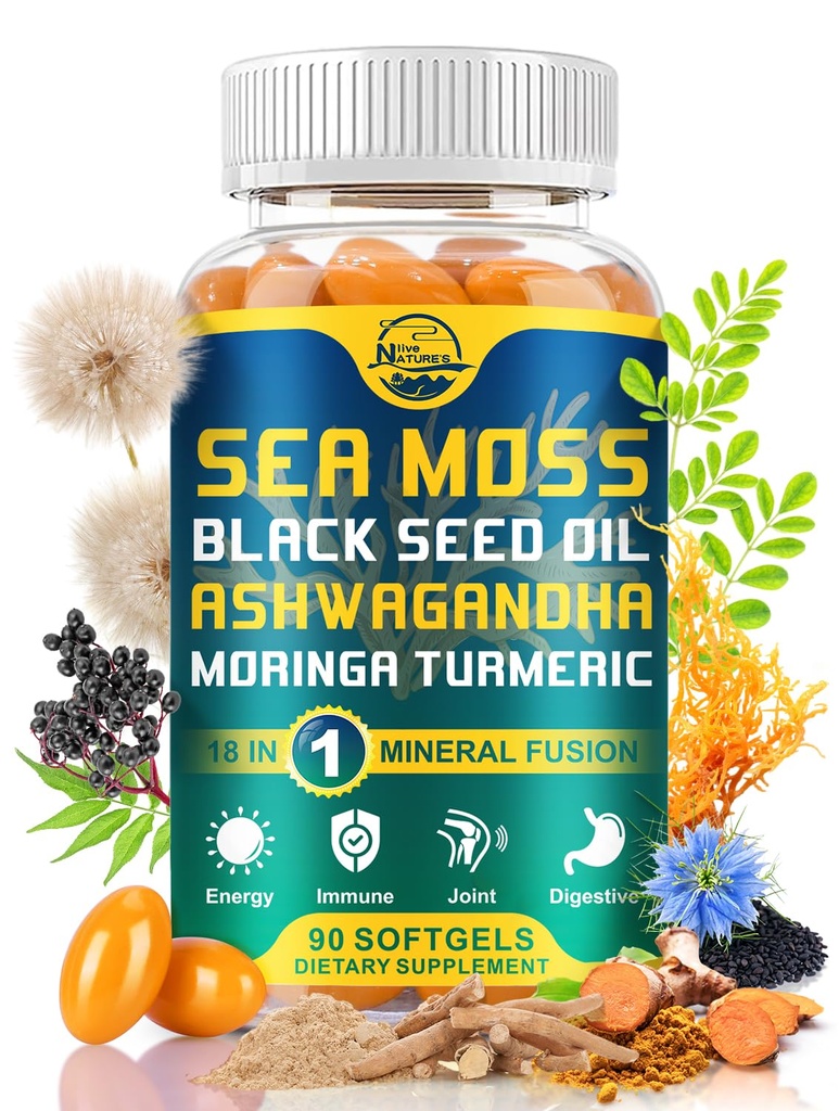 Moss softgels biologiques vivants de la nature, avec l'huile de graines noires, Ashwagandha, Bladderwrack, Ginger, Burdock Root, Manuka Honey, cannelle pour système immunitaire, peau, énergie, 90 Softgels, 1 Pack