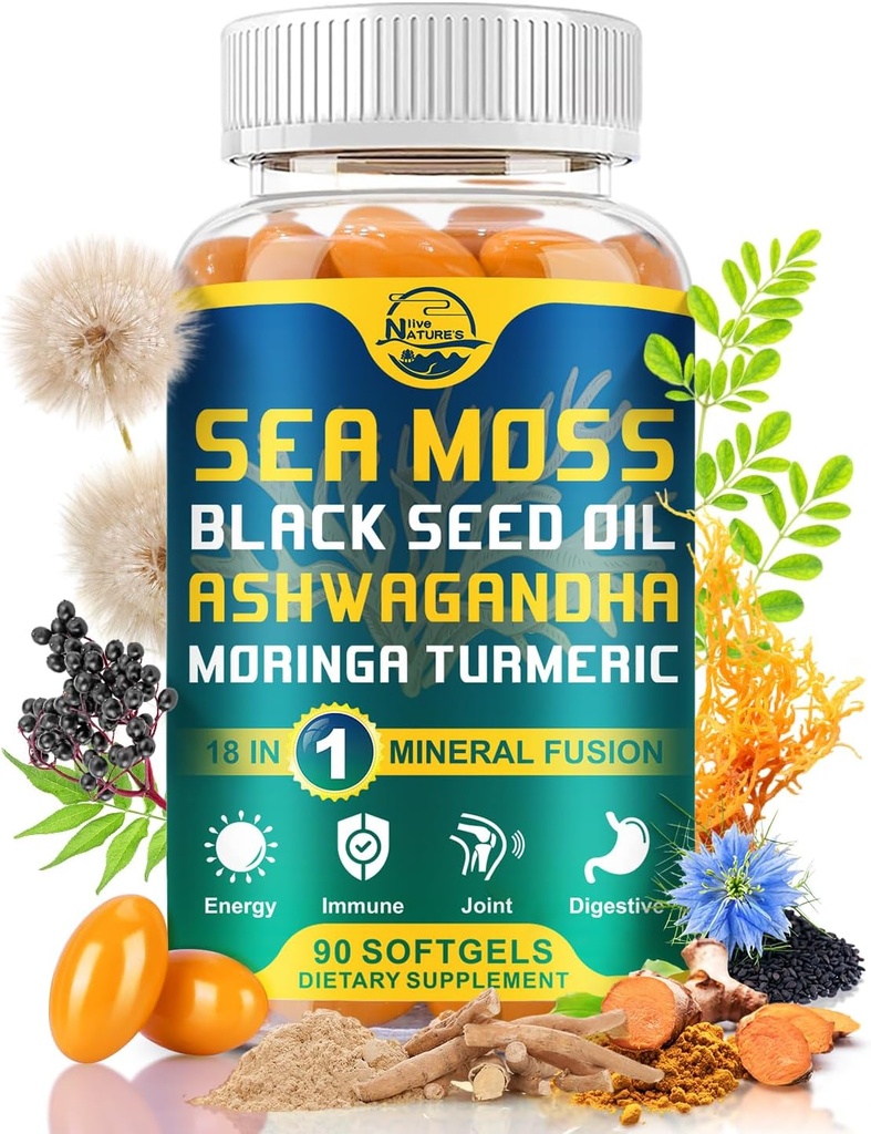 Moss softgels biologiques vivants de la nature, avec l'huile de graines noires, Ashwagandha, Bladderwrack, Ginger, Burdock Root, Manuka Honey, cannelle pour système immunitaire, peau, énergie, 90 Softgels, 1 Pack