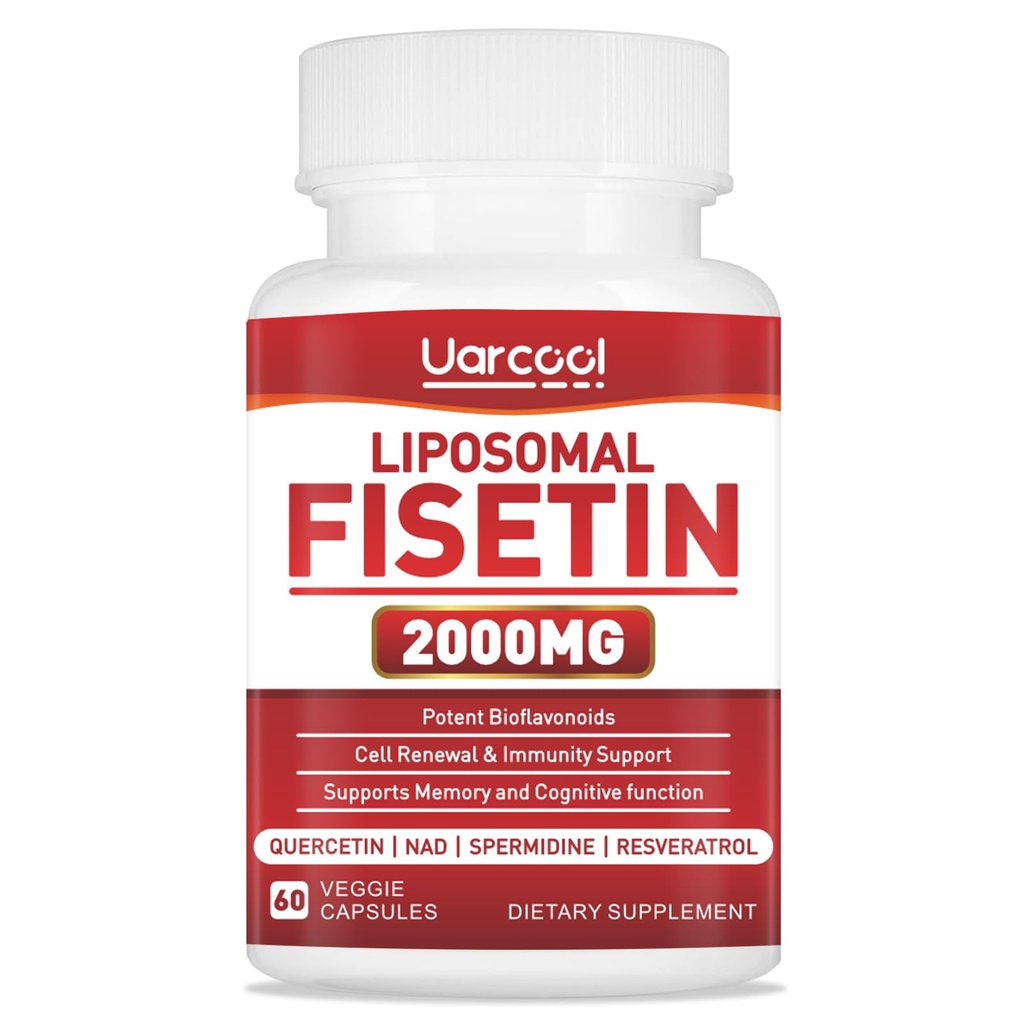 Supplément de fisétine 2000mg pour le vieillissement en santé et la longévité, la santé de la peau, le cerveau - sans soja, végétarien - 60 Softgels