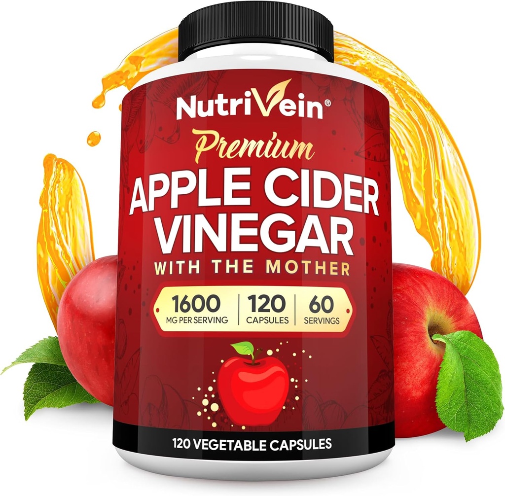 Suppléments de vinaigre de cidre de pomme Nutrivein Premium avec mère - 1600 mg - 120 Capsules de vinaigre de cidre de pomme: pilules de vinaigre de cidre de pomme pour la digestion, le kéto, le nettoyage et la nutrition équilibrée