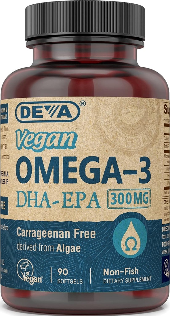 DEVA Vegan Omega-3 Supplément de l'EPA DHA Une fois par jour Softgel 300 MG - Carrageenan Gélatine et sans gluten - Acides gras d'algues autres que le poisson - 90 Softgels