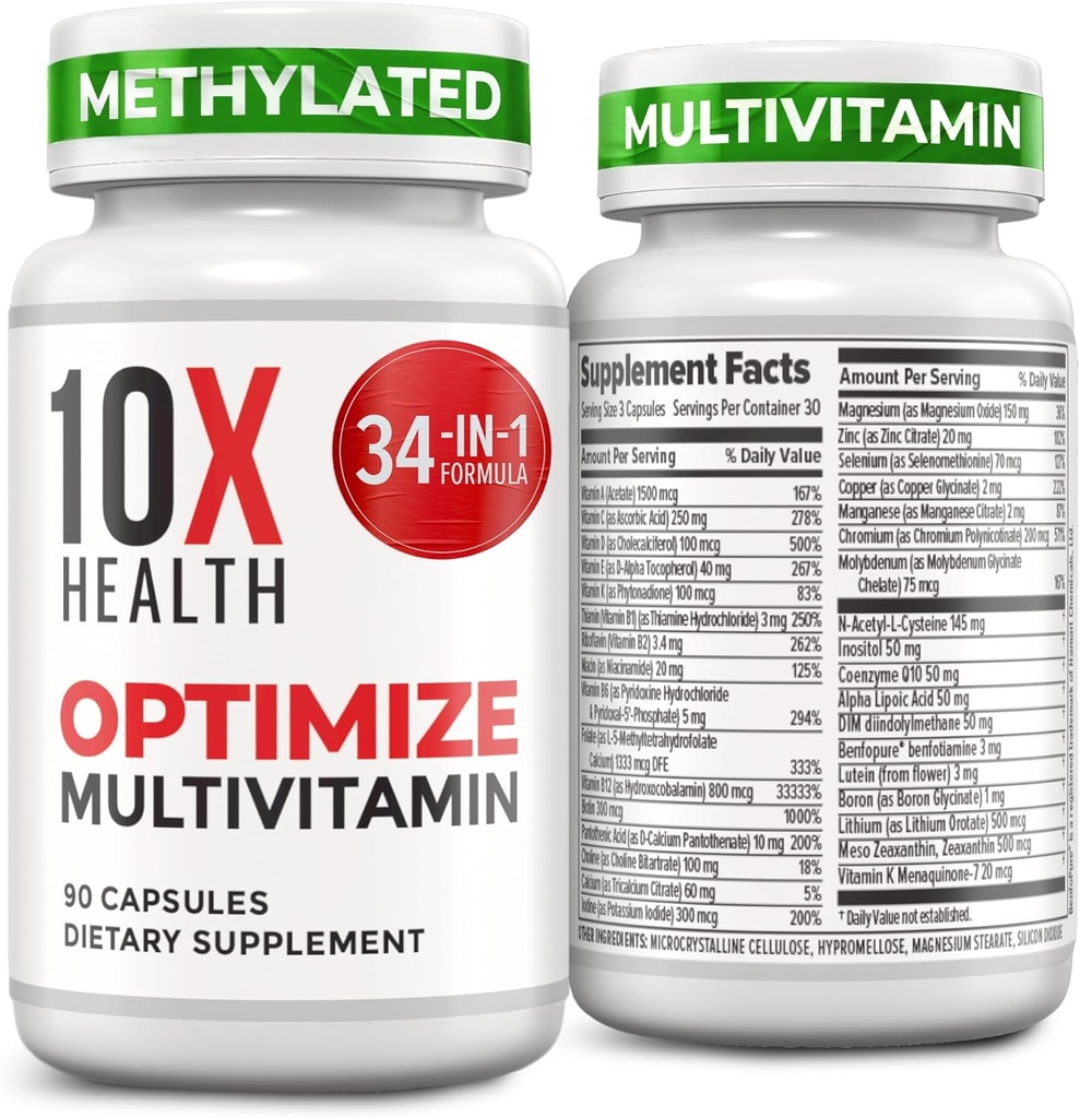10X Santé Optimiser la multivitamine pour les hommes - 90 capsules, multivitamine méthylée 34 en 1 formule avec 800 μg de vitamine B12, 5-MTHF, NAC - Complexe méthyl B, supplément MTHFR