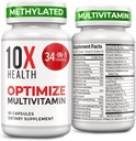 10X Santé Optimiser la multivitamine pour les hommes - 90 capsules, multivitamine méthylée 34 en 1 formule avec 800 μg de vitamine B12, 5-MTHF, NAC - Complexe méthyl B, supplément MTHFR