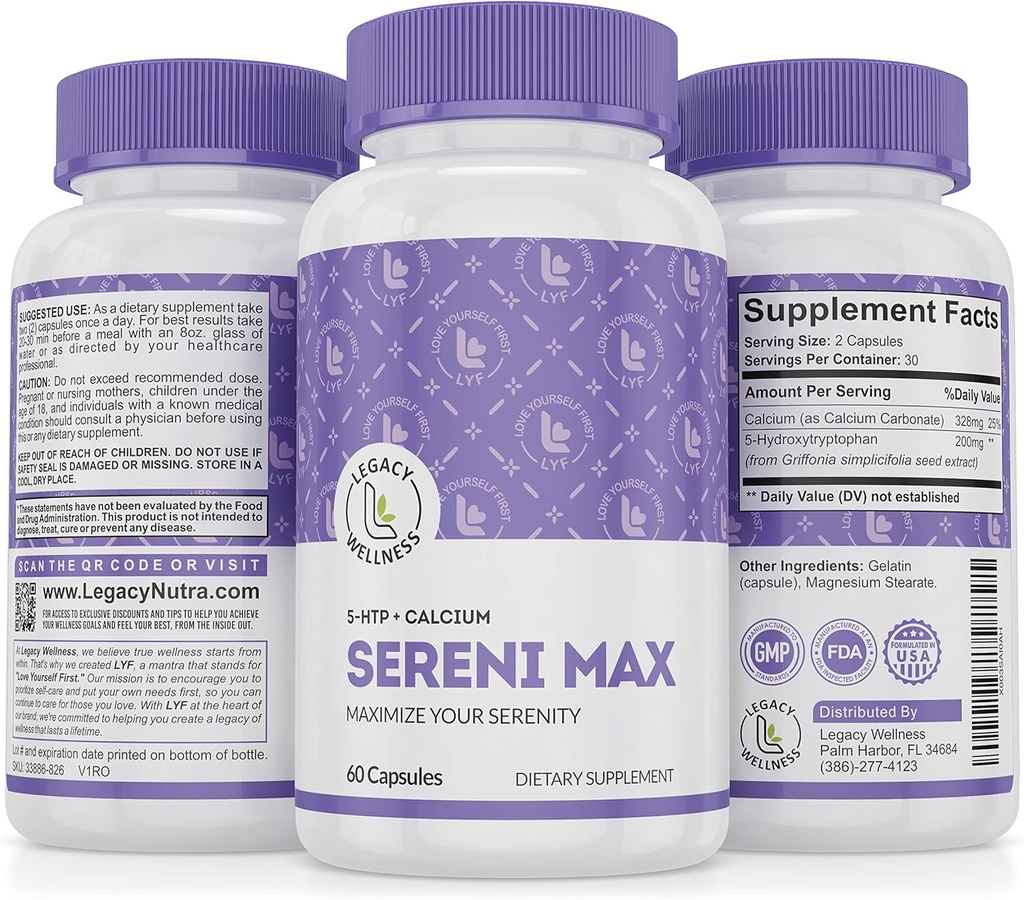 SERINI-MAX - Supplément de soutien d'humeur 5-HTP + Calcium - Supporte l'état d'esprit calme et pacifique - Boost Sérotonin, 5HTP 200mg pour la gestion du stress et les suppléments de soutien du sommeil - 60 Capsules