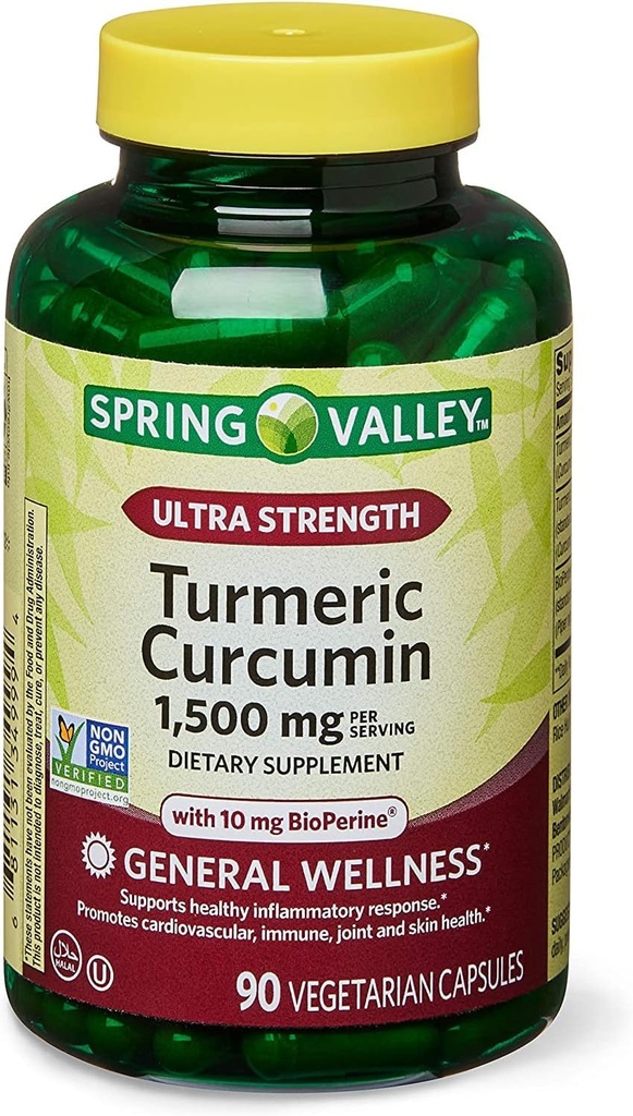 Spring Health 2 Set- Spring Valley Curcumine curcumine curcuma ultra-forte 1 500mg 90 capsules + Votre guide de vitamine, 1.0 Compte