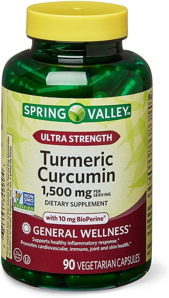 Spring Health 2 Set- Spring Valley Curcumine curcumine curcuma ultra-forte 1 500mg 90 capsules + Votre guide de vitamine, 1.0 Compte