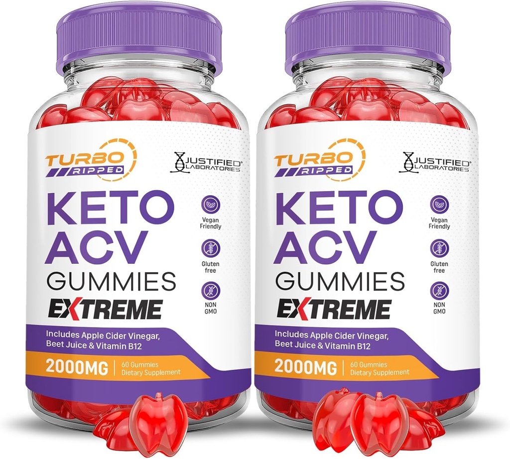 Laboratoires justifiés (2 Pack Turbo Ripped Keto ACV Gummies Extreme 2000MG Turbo Ripped Keto Gummies vinaigre de cidre de pomme formulé avec jus de betterave de grenade en poudre B12 Vegan Non OGM 120 Gummys