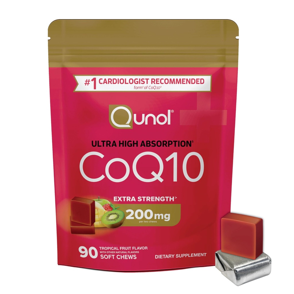 Qunol CoQ10 200mg Soft Chews, Extra Strength & Ultra High Absorption Coenzyme Supplément Q10, n°1 Cardiologue Supplément recommandé pour la santé cardiaque, 90 Compte