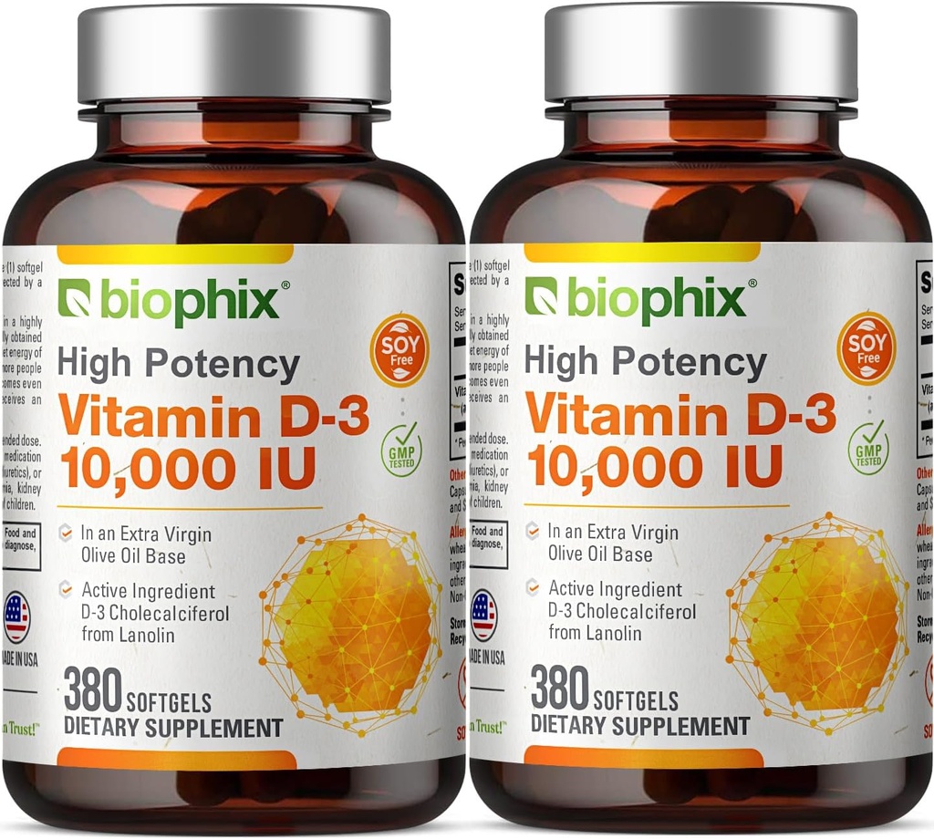 biophix Vitamine D-3 10000 UI 380 Softgels Vitamine 2 Pack - Haute puissance dans l'huile d'olive vierge extra non-OGM sans soja soutient la santé immunitaire des os forts