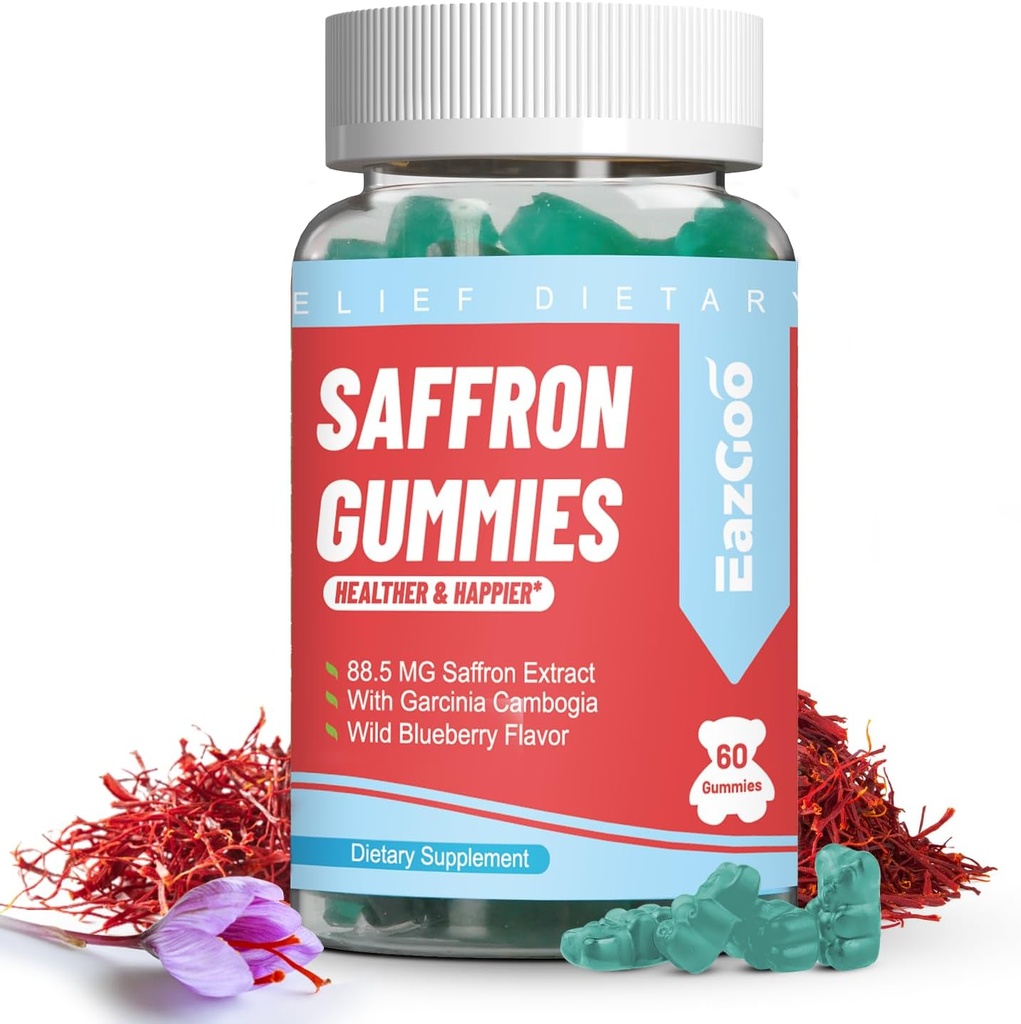 Suppléments de safran Gummies, Extrait de safran pour l'humeur positive et calme Nerve, Boost Energy, avec Garcinia Cambogia, Vitamine A, B12, Rhodiola Rosea - 60 Gummies