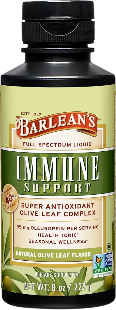 Barlean's Olive Leaf Complex Liquid Immmune Support Supplément, 95mg Oleuropein Antioxydants, 8 oz