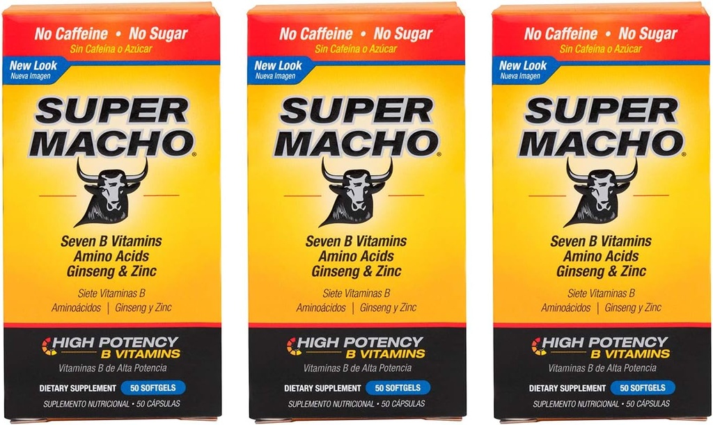 Supplément diététique super macho avec des vitamines Zinc et 7 B de haute puissance, sans conservateurs, sucre ou caféine, fabriqués aux États-Unis, 50 Softgels (3 Pack)