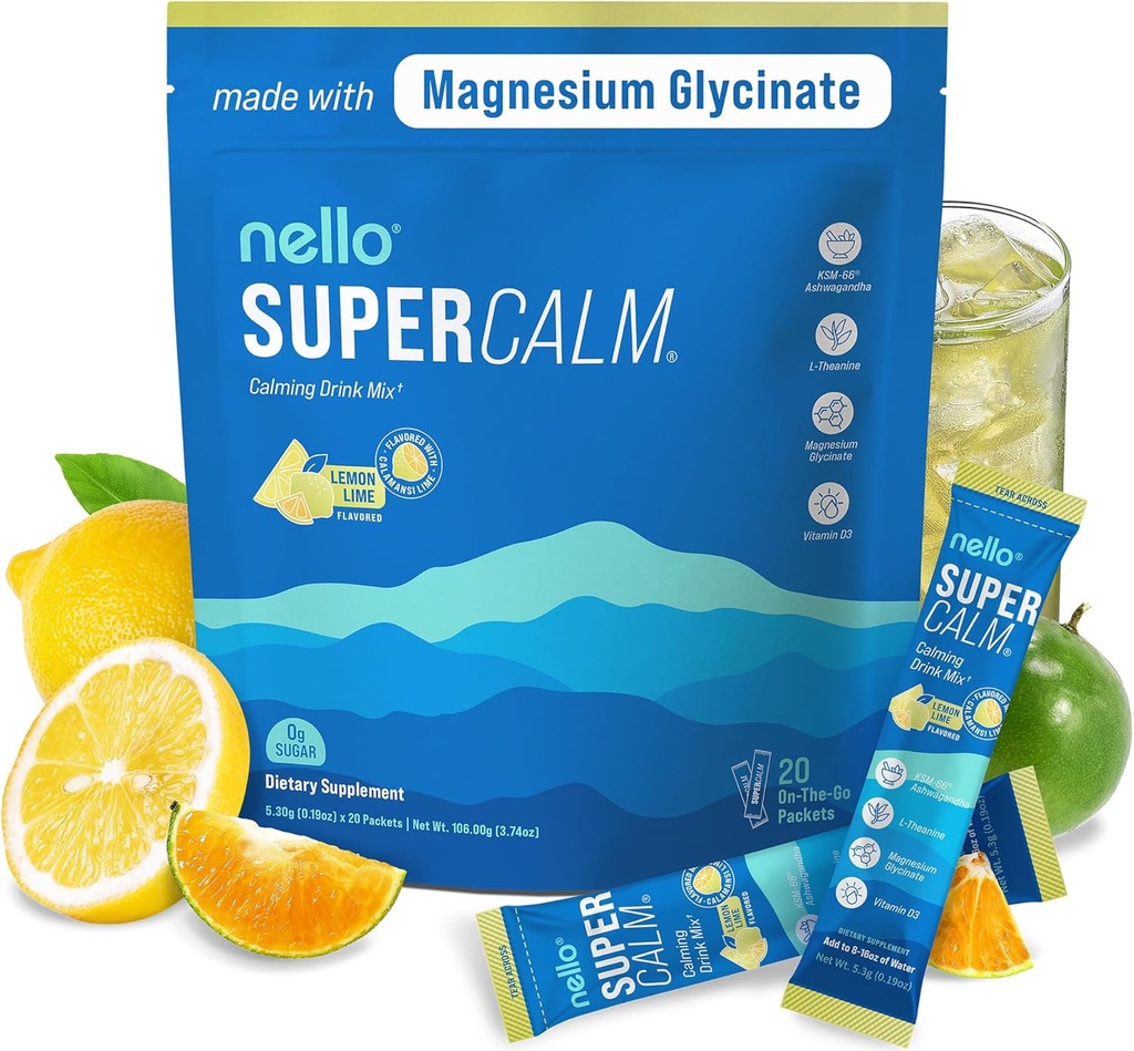 Nello Supercalm Drink Mix - Ashwagandha KSM 66, Magnesium Glycinate & L-Theanine Supplement, Vitamin D3 - Ashwagandha Root Extract - Focus and Relaxation Support (20 Travel Packets) - Lemon Lime