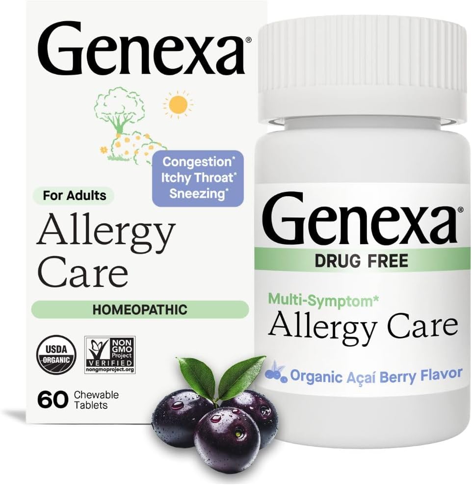 Genexa Allergy Care | Drug Free, Non-Drowsy Allergy & Decongestant Remedy for Adults | Vegan & Non-GMO | Homeopathic Allergy Relief Made Clean | Organic Acai Berry Flavor | 60 Chewable Tablets