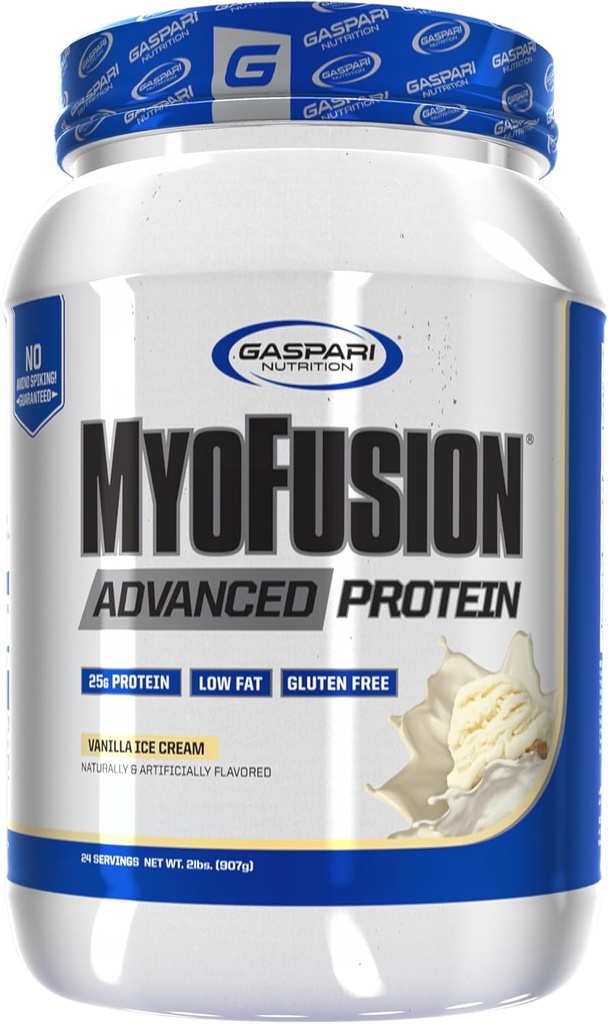 Nutrition Gaspari Myofusion Protéines avancées, mélange protéique avec protéines de lactosérum, protéines caséines et protéines isolées, faibles graisses et sans gluten (2 livres, crème glacée Vanilla)