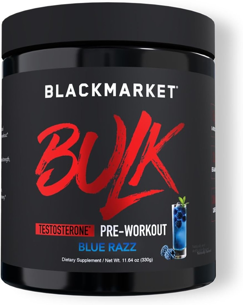 BLACKMARKET Bulk Pre Workout - Preworkout Energy Drink for Men 30 Servings - Pre-Workout Drink Powder with Creatine (Blue Razz)