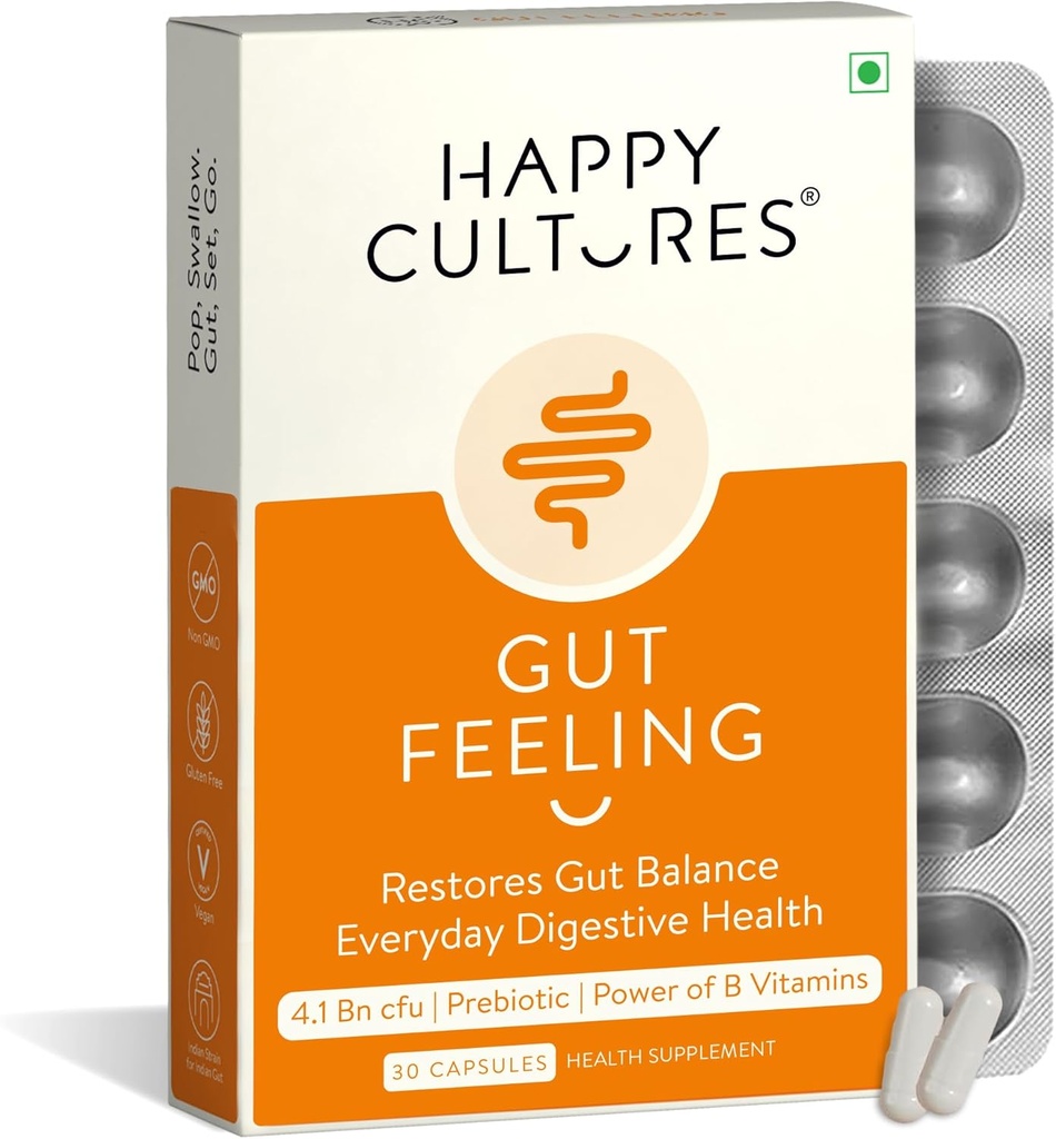 Happy Cultures Gut Feeling Supplément de digestion Mélange unique de probiotiques pour la santé quotidienne digestive B-Vitamines Gut Supplément de santé pour Bloating, IBS, Digestion testé cliniquement - 30 gélules