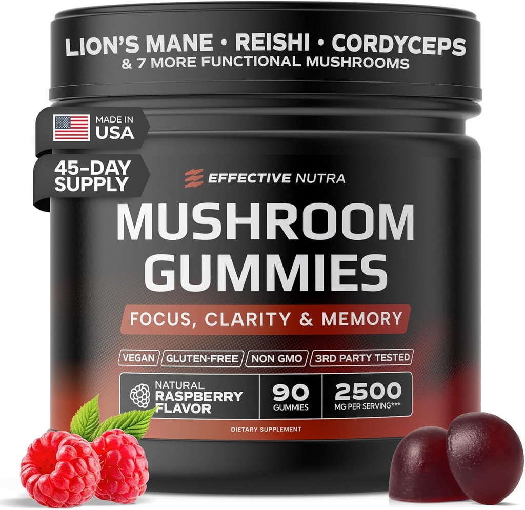 Gummies efficaces Nutra Mushroom 2500mg - 10in1 Lion.S Mane, Reishi, Chaga, Cordyceps et plus - Focus, Clarity, Mémoire, Immunité, Énergie - Flaveur de framboises naturelles, Vegan, Fabriqué aux États-Unis (90 comte)