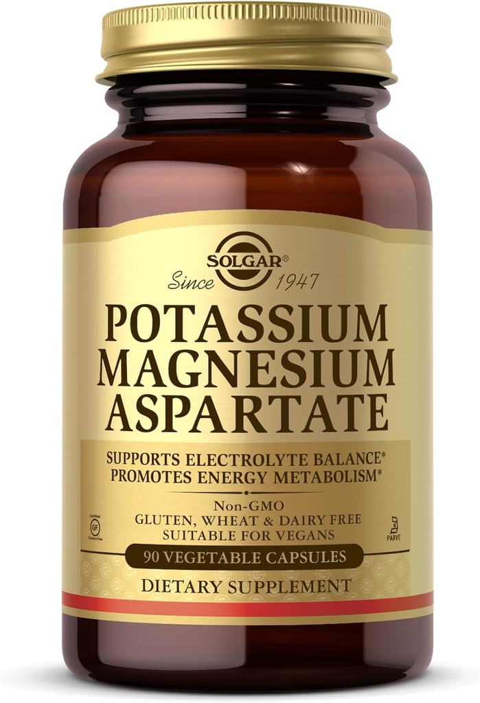Solgar Potassium Magnesium Aspartate - 90 Vegetable Capsules - Vegan, Gluten Free, Dairy Free, Kosher