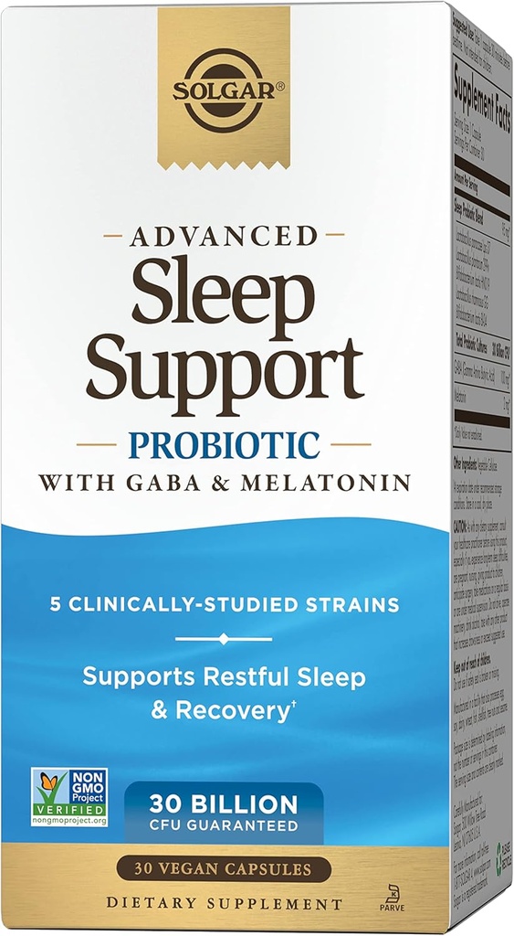Solgar Advanced Sleep Support Probiotic avec GABA & Melatonin, 30 Capsules Vegan - 30 Million CFU - 5 Straines Étudiées cliniquement - Soutien au repos et à la récupération - Non-OGM & Vegan, 30 portions