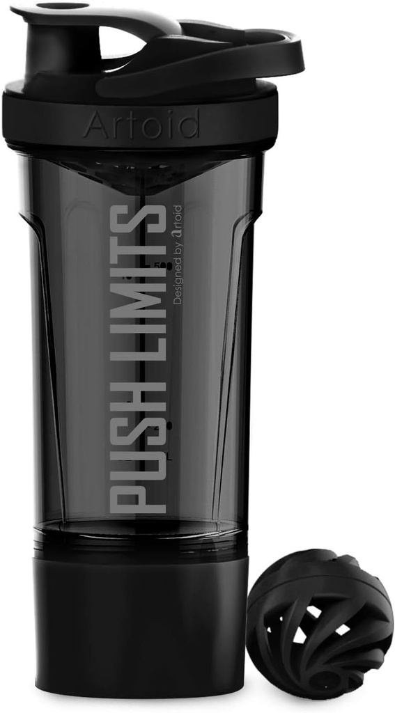 Mode Artoïde Fitness Workout Sport Protein Shaker Bouteille 24-Ounce, Dual Mixing Technology with Shaker Balls & Mixing Grids Inclus, Twist and Lock Protein Box Entreposage inclus