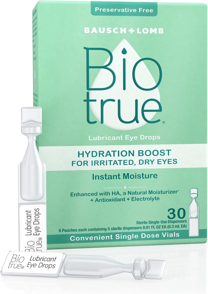 Biotrue Hydratation Boost, gouttes oculaires sans réserve pour les yeux secs, Hydratant instantanément, Réhydrate, Contact Lens Friendly, Rafraîchir et soulager l'irritation des yeux, 30 Viales à usage unique (paquet de 1)