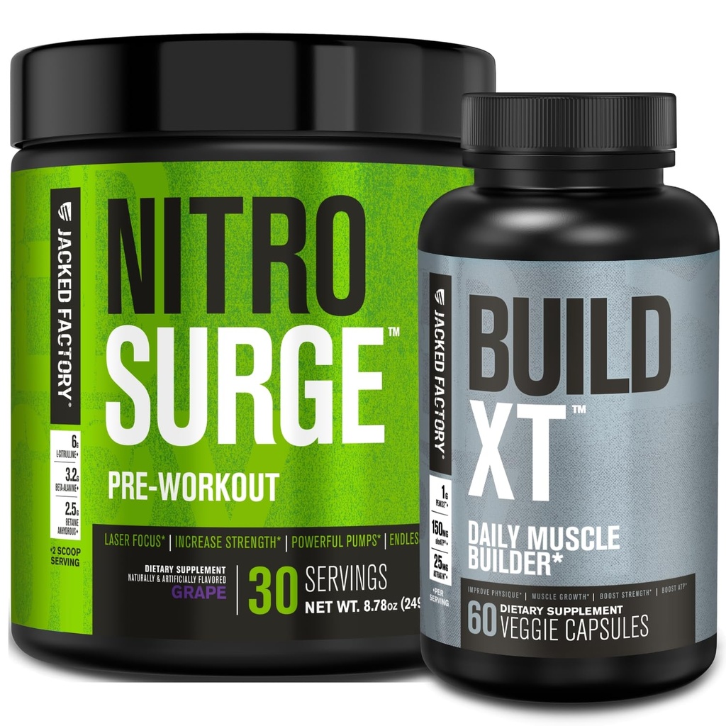 Jacked Factory Nitrosurge Pré-entraînement dans le raisin et construire XT Muscle Building Bundle pour les hommes et les femmes