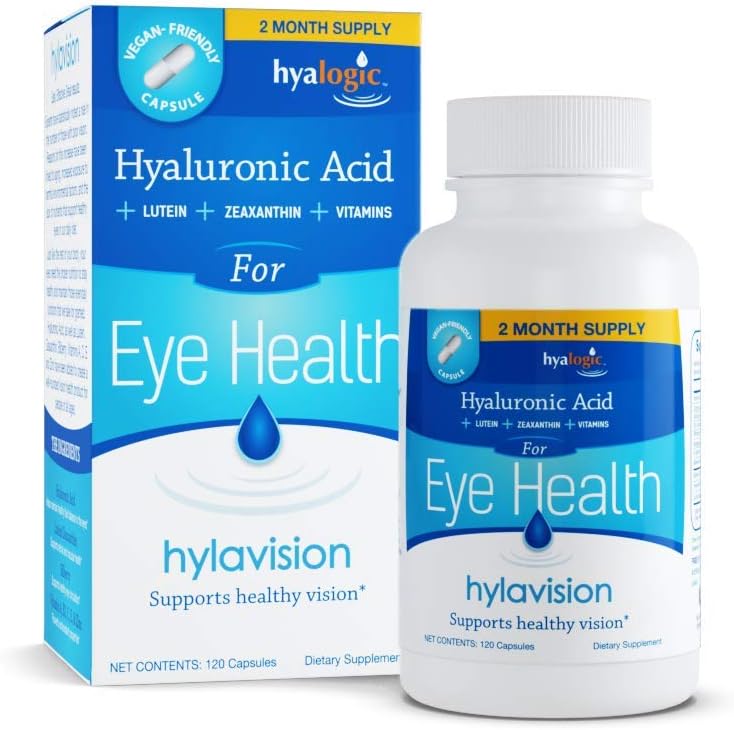 Hyalogic HylaVision Eye Health Supplement - Suppléments d'acide hyaluronique, de lutéine et de zéaxanthine – contient des vitamines oculaires A, C, E et zinc – Soothe Tired Eyes (120 capsules)